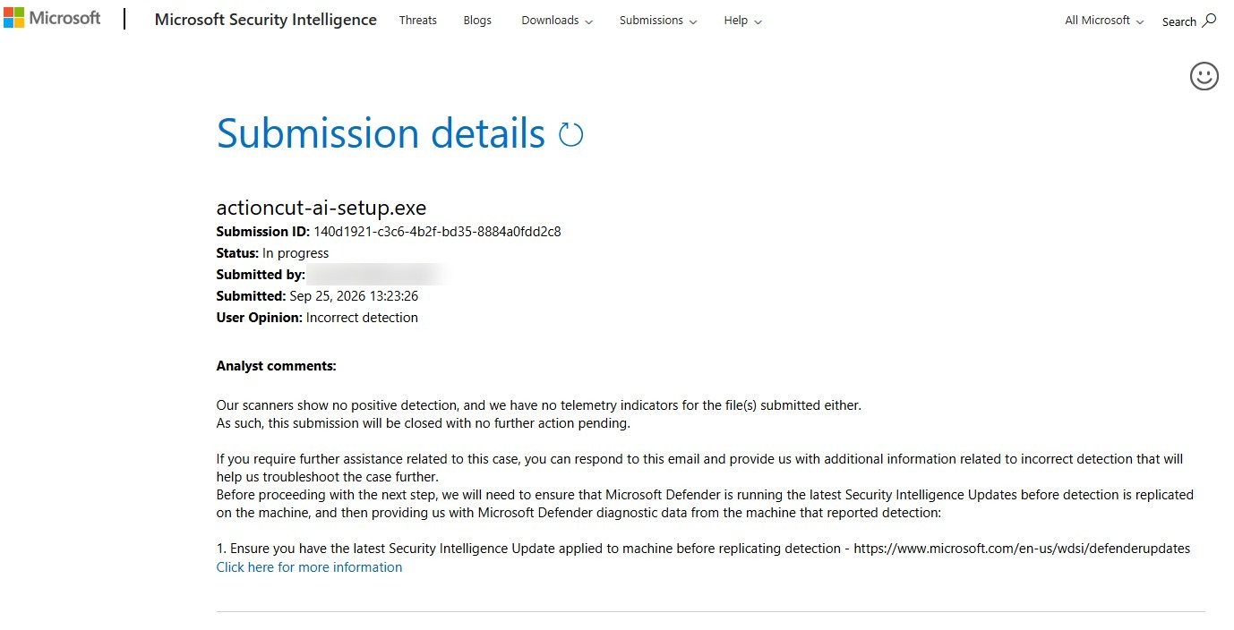 Microsoft Security Intelligence submission result — ActionCut-AI-Setup.exe, no detection