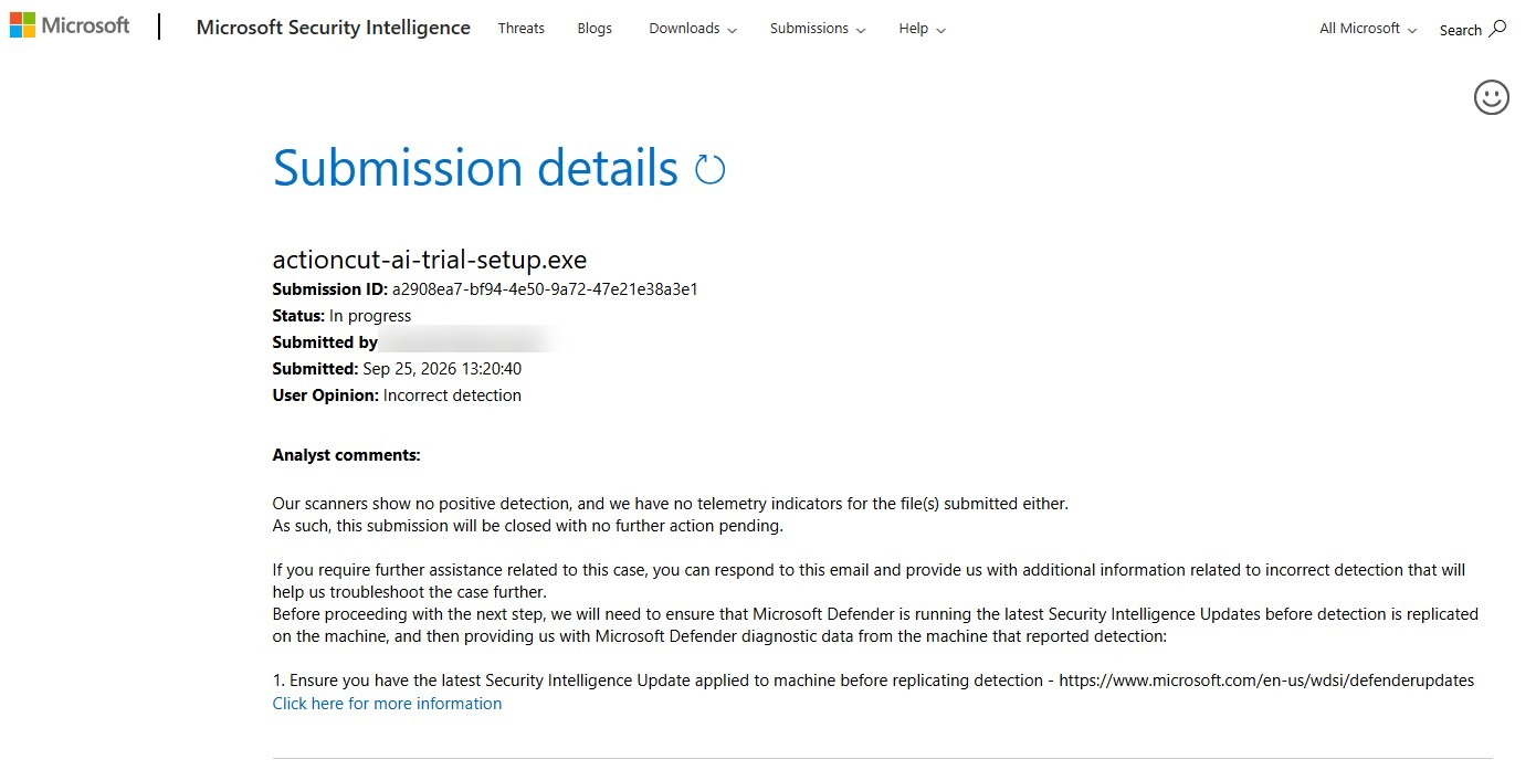 Microsoft Security Intelligence submission result — ActionCut-AI-Trial-Setup.exe, no detection