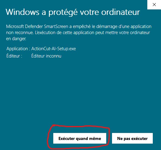 Windows SmartScreen warning — click Run anyway / Exécuter quand même